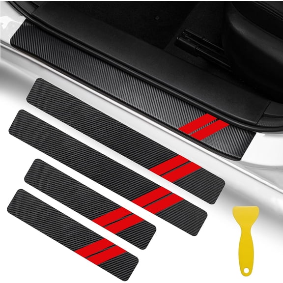 5PCS Door Sill Guard Decoration Stickers for Dodge Charger Challenger Durango Journey Universal Fit to All Dodge Cars Fiber Leather Door Sill Protector (Red Trim)