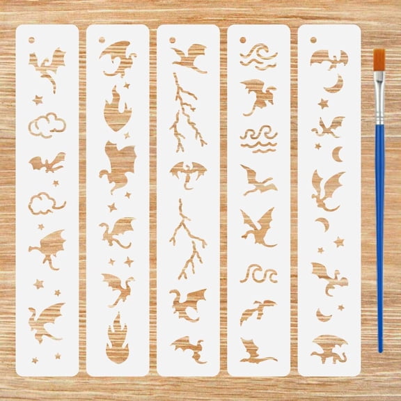5PCS Dragon Flame Painting Stencils with Brush 2x11inch Plastic PET Flying Dragon Drawing Template Hollowed Flame Cloud Wave Pattern Stencil Animal Theme Template