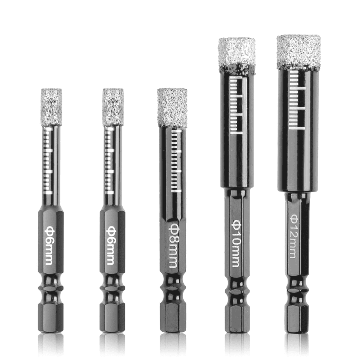 5PCS Dry Diamond Core Drill Bit Set for Tile,Glass,Size 6/8/10/12 mm