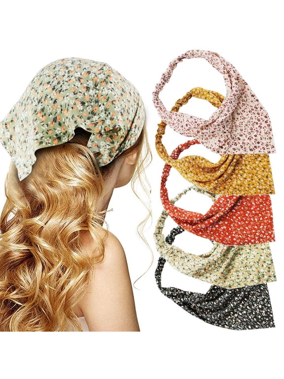 5PCS Floral Elastic Hair Bandanas Scarf Headband Chiffon Head Kerchief Floral Printed Turban Boho Headbands Hair Bandanas for Women Girls Hair Accessories
