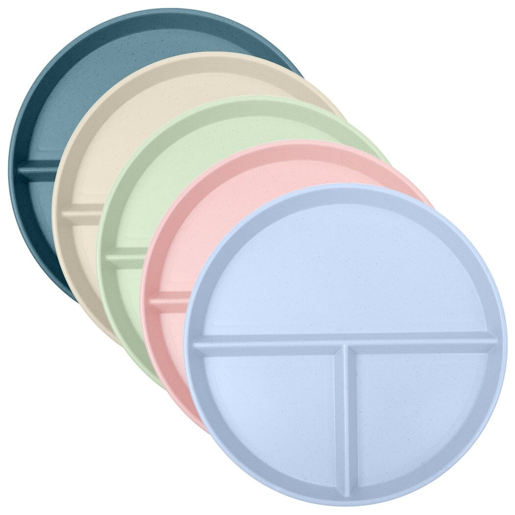 5PCS Food Divided Plates, Dinner Plates with Dividers, Wheat Straw Plastic Dinner Plates