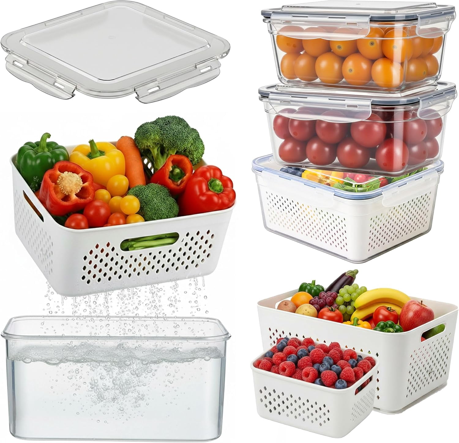 5PCS Food Storage Containers For Fridge With Removable Colander and Lids, Leak Proof Refrigerator Organizers for Vegetable Produce, Keep Berry Fruits Fresh Longer