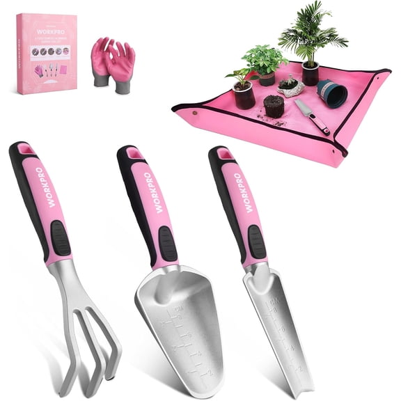 5PCS Garden Tool Set, Powder Coating Compact Aluminum Gardening Tool Set with Repotting Mat, Outdoor Garden Hand Tools, Ideal Gardening Gift, Pink Ribbon