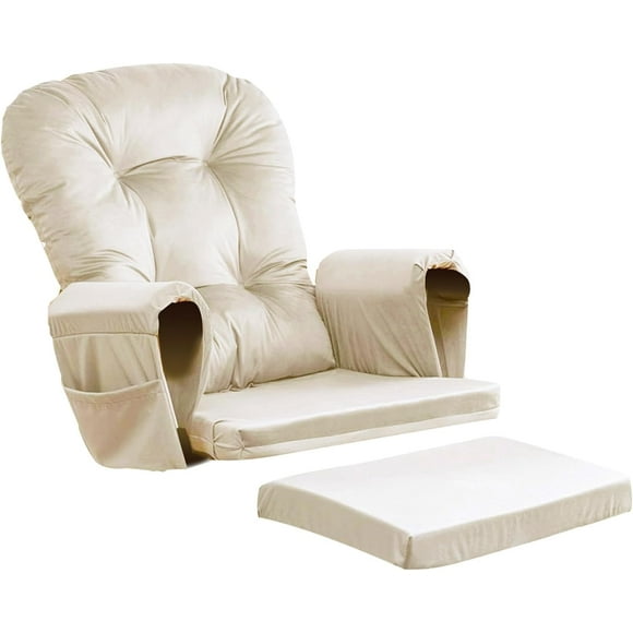5PCS Glider Rocker Replacement Cushions Thick Soft Velvet Glider Cushions Replacement Set with Ottoman Cushion and Storage Pockets, Beige