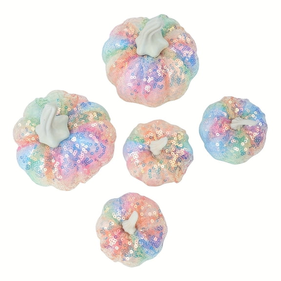 5PCS Glitter Pastel Pumpkin Decor Set Resin Pumpkin Ornaments, Handmade Sequin Fall Tabletop Pumpkins for Shelf Mantel Tiered Tray Halloween Thanksgiving Home Decorations