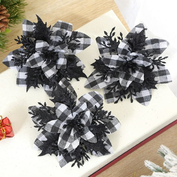 5PCS Glitter Poinsettia 5.1" Artificial Flowers Christmas Farmhouse Plaid with Clips Stems Xmas Tree Ornaments for Wedding Party Wreath De