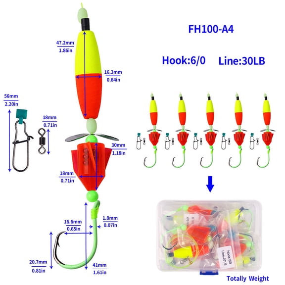 5PCS Glow Fishing Lures Rigs Luminous Bait Jigs Hooks Swivels Snaps Bobbers Box