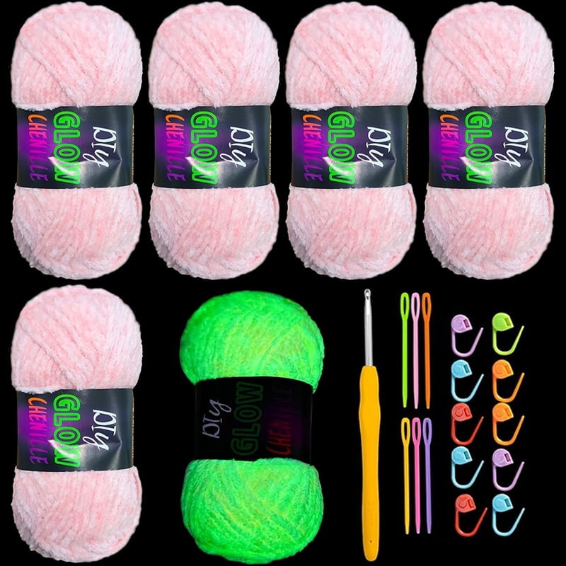 5PCS Glow in The Dark Chenille Yarn DIY Handcrafts Weaving Soft Chenille Yarn 70m/roll For DIY Knitting Enthusiasts（Pink)