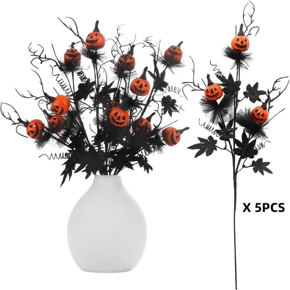 5PCS Halloween Artificial Pumpkin Bouquet, 19.5Inch Artificial Black Maple Leaf Floral Stems Halloween Branches Decoration, for Home Indoor Party Vase Arrangement Decor