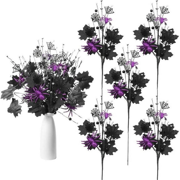 5PCS Halloween Decorations, 19.5Inch Artificial Spider Maple Leaf Berry Floral Stems Halloween Branches Decoration, for Home Holiday Indoor Party Vase Arrangement Decor