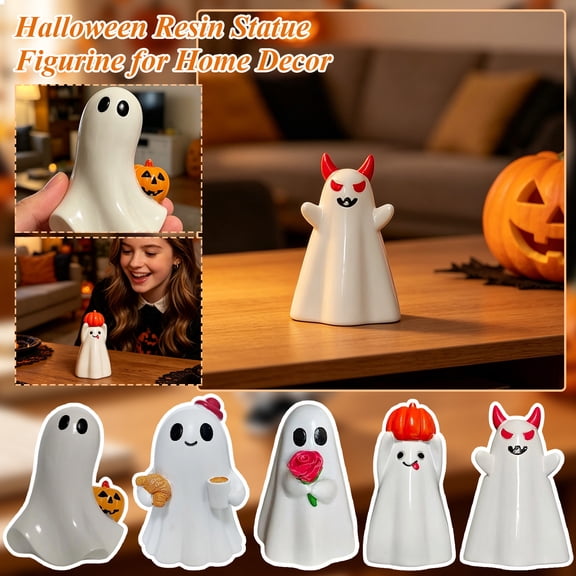 5PCS Halloween White Ghost Figurines, Cute Finger Ghost Resin Statue, Halloween Decorations Indoor, Halloween Spooky Decor for Tiered Tray Mantel Bedroom Halloween Tabletop Gift