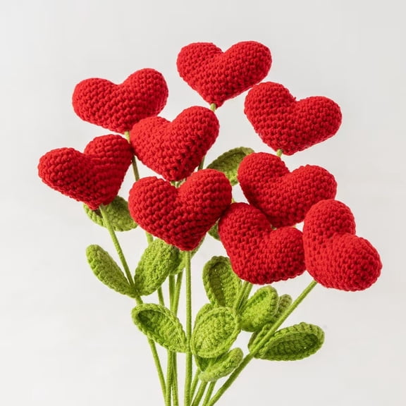 5PCS Handmade Crochet Red Heart Flower Bouquet, Artificial Flower, Knitted Flower, Yarn with Green Stems for Floral Arrangement, for Valentine's Day Gift and Home Table Centerpiece