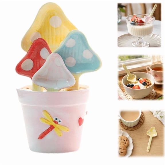 5PCS Handmade Flower Ceramic Measuring Spoons - Boxed Baking Tool Gift Set for Holiday Mushroom