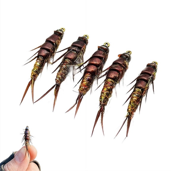 5PCS Handmade Realistic Nymph ,Super Lifelike Brown Body Nymph Stonefly Flies, Detailed Segments & Joints, Trout Fishing Artificial Fishing Bait Lure,10