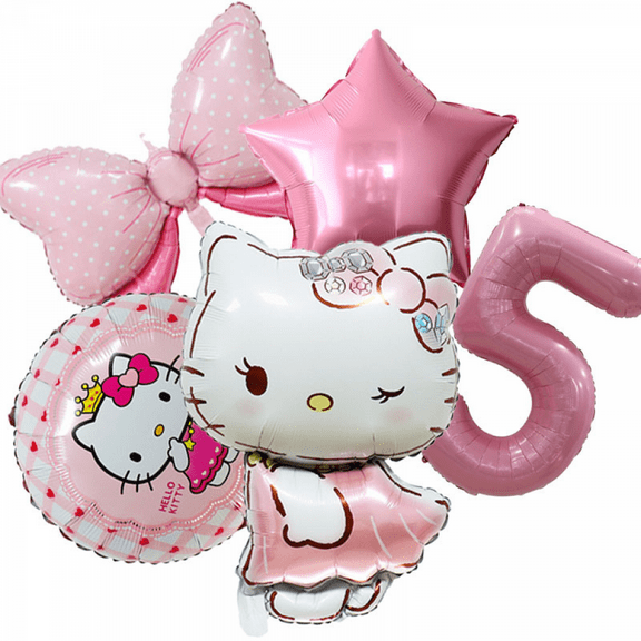5PCS Hello Kitty Birthday Foil Balloons for Girls, Baby Shower, Kids Party Decor