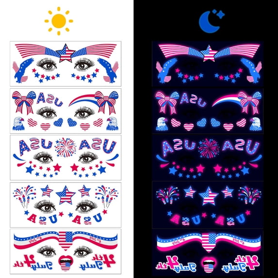 5PCS Independence Day Glow in Dark Face Tattoos, Patriotic Fluorescent Stickers, Temporary Decorative Decals, Lightweight Ornament for Holiday Party Costume and Festival Dress Up