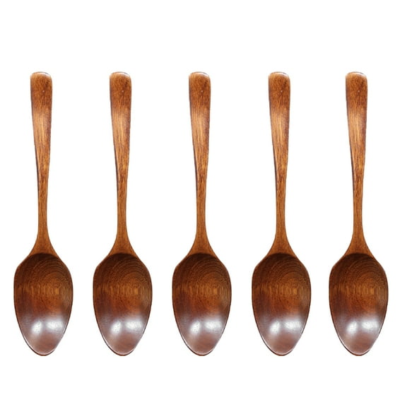5PCS Japanese Style Solid Wooden Spoons Natural Long Handle Soup Spoons for Eating Adult Kitchen