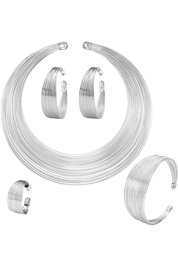 5PCS Jewelry Sets for Women African National Statement Necklace Open Cuff Bracelet Chunky Costume Jewelry Set Hoop Earrings Women Rings Bangle Gold Choker Statement Necklace