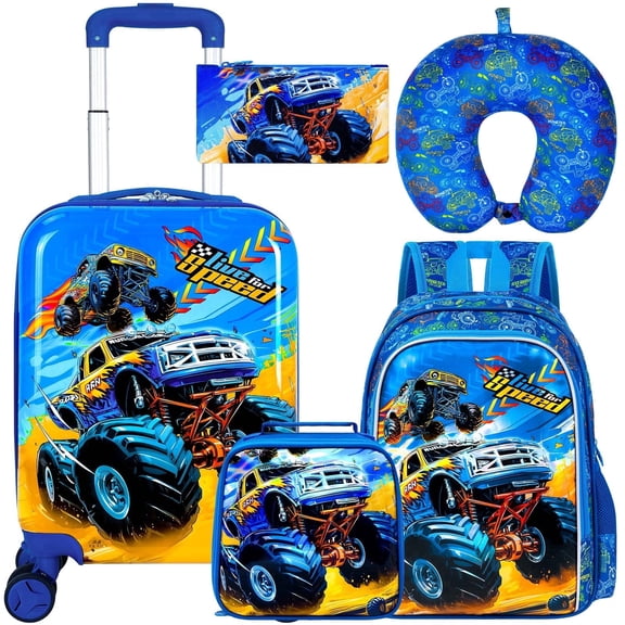 5PCS Kids Luggage Set, Airline-Approved Carry-On with 360°Spinner Wheels, Cute Travel Suitcase for Boys & Toddlers - Dynamic Dual-Truck Blue