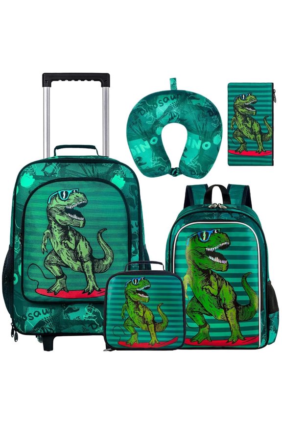 5PCS Kids Luggage Set with Wheels for Boys, Cool Dinosaur Rolling Carry-On Suitcase for Toddler Children