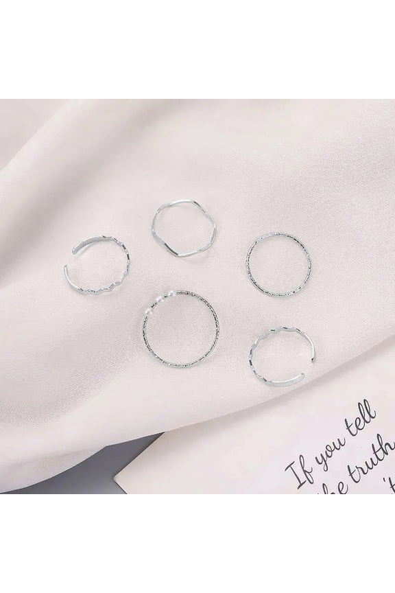 5PCS Korean Style Simple Pearl Wavy Shape Combination Finger Ring Sets Opening Adjustable Rings For Women Punk Fashion Jewelry