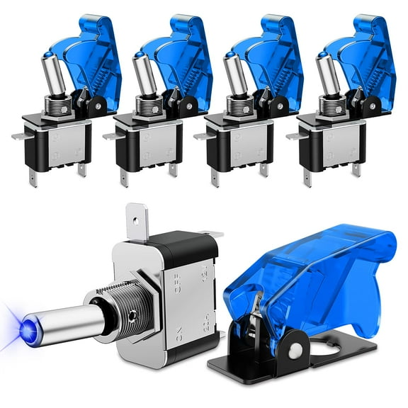 5PCS LED Toggle Switch ON Off 12V Blue Lighted Aircraft Safety Cover Heavy Duty 20A SPST 3 Pin Rocker for Automotive Cars Trucks Boats Racing Cars,2 Years Warranty