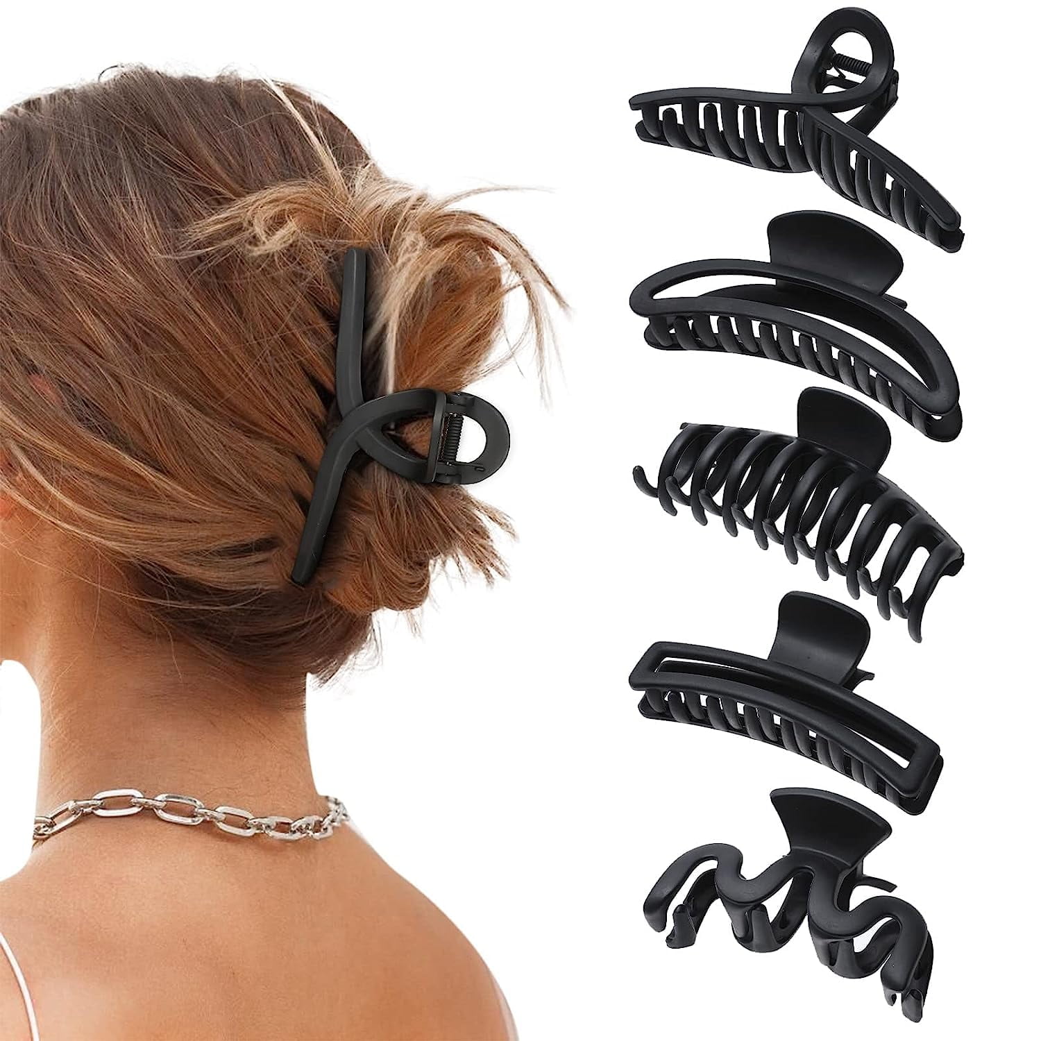 AWAYTR 5PCS Large NonSlip Claw Hair Clips, Matte Black, Strong Hold for Thick Hair, Perfect