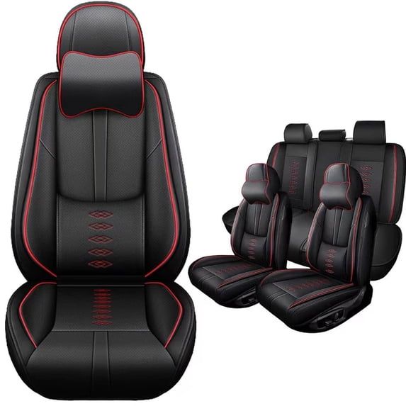 5PCS Leather Car Seat Covers for Honda 98% Car Models,Car Seat Protectors Full Set,Waterproof Car Seat Cushions,Airbag-compatible,Car Interior Accessories(Black+Red,Pillows)