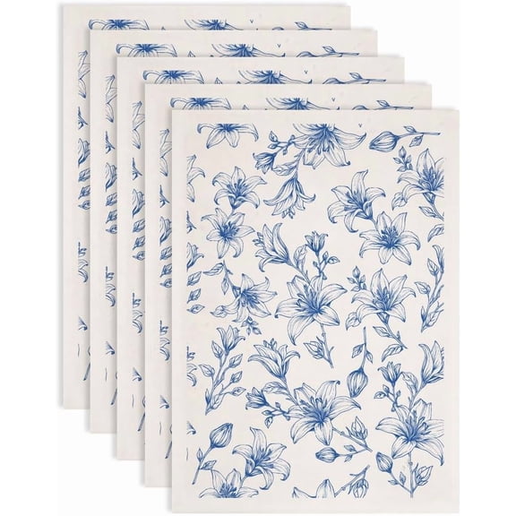 5PCS Lilies Underglaze Transfers for DIY Pottery Flower Transfer Stickers Ceramic Decals Blue Waterslide Underglaze Transfers Paper for DIY Porcelain Overglaze Enamel Clay Decal 20.5x14.6in
