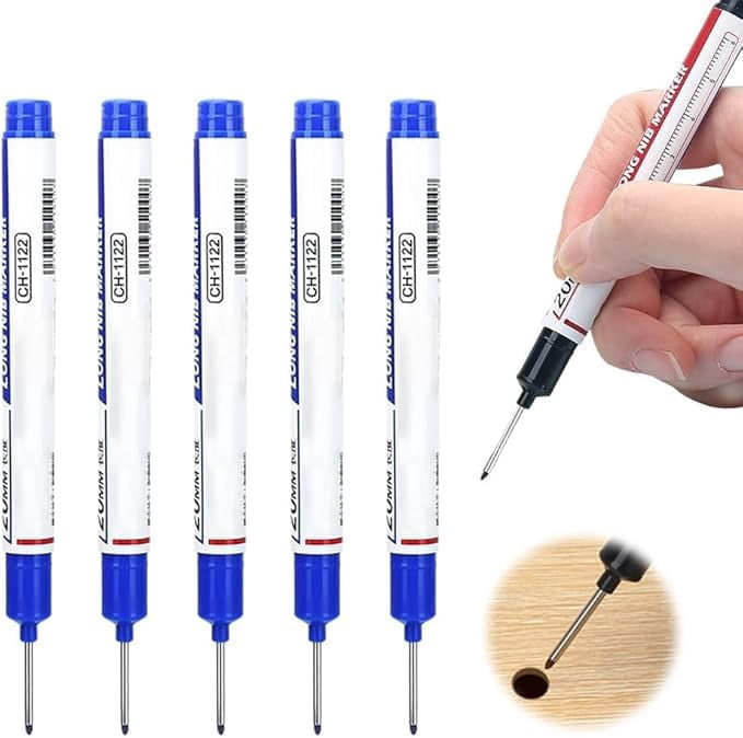 5PCS Long Head Deep Hole Marker Pens, 20mm Deep Reach Markers, Waterproof Construction Markers Marking Tool, Long Nose Marker, Permanent Markers Carpenter Ink Marker Pens, Metal Marking Pen