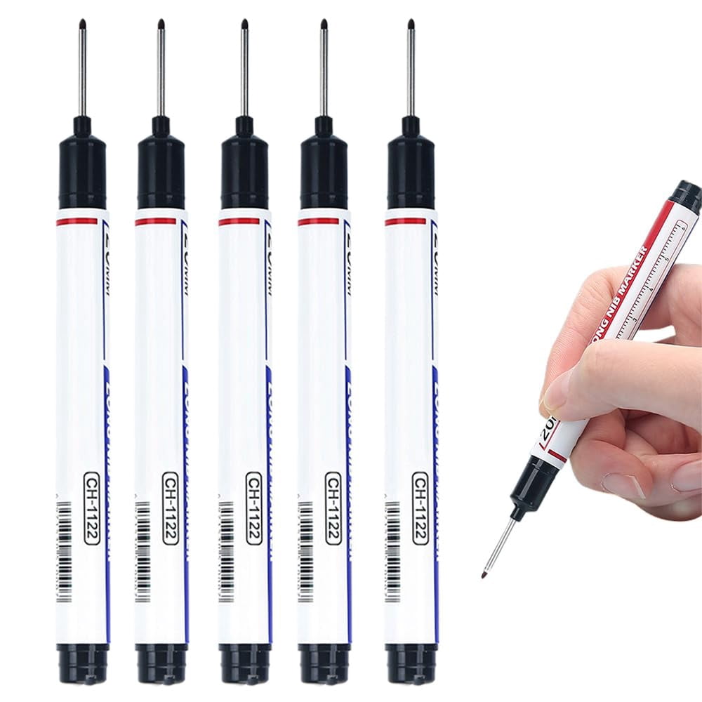 5PCS Long Head Deep Hole Marker Pens, 20mm Deep Reach Markers, Waterproof Construction Markers Marking Tool, Long Nose Marker, Permanent Markers Carpenter Ink Marker Pens, Metal Marking Pen
