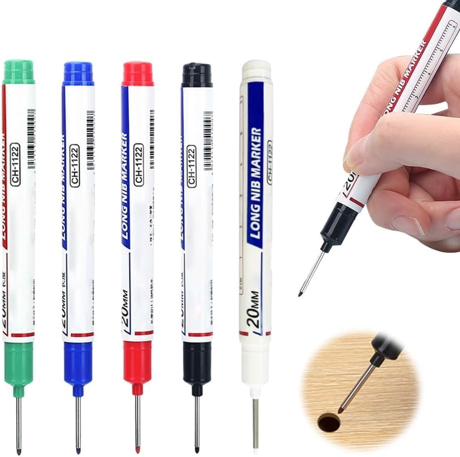 5PCS Long Head Deep Hole Marker Pens, 20mm Deep Reach Markers, Waterproof Construction Markers Marking Tool, Long Nose Marker, Permanent Markers Carpenter Ink Marker Pens, Metal Marking Pen
