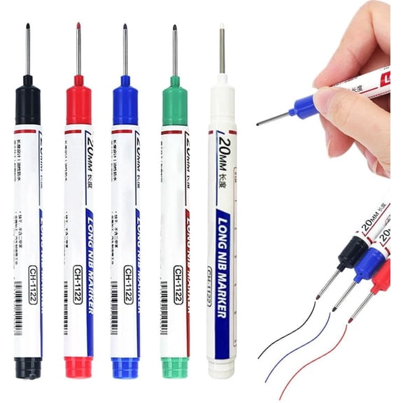 5PCS Long Head Deep Hole Markers,Long Head Deep Hole Marker Pens, 20mm DeepReach Longs Nose Markers,Waterproof Construction Marker Marking Tool,Permanent,Metal Marking Pens