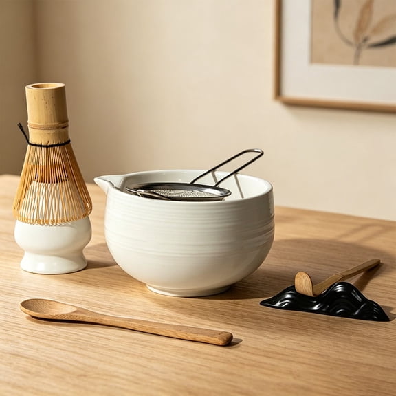 5PCS Matcha Whisk Set,Ash White Red Clay Ceramic Matcha Tea Set with Folded Rim Bowl,Dishwasher Microwave Safe Home Tea Making Kit,1PC