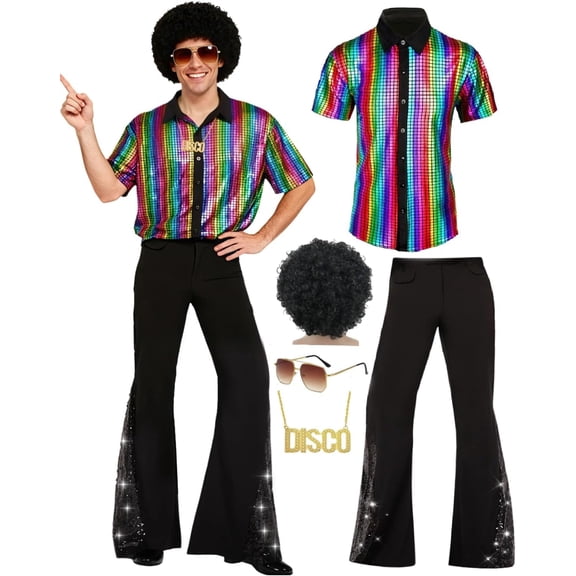 5PCS Mens 70's Disco Outfit Retro 70s Mens Costume for Adults 70s Outfits for Men Disco Outfit Men Perfect 70's Theme Clothes for Parties - Shirt, Pants, Wig, Sunglasses, Necklace