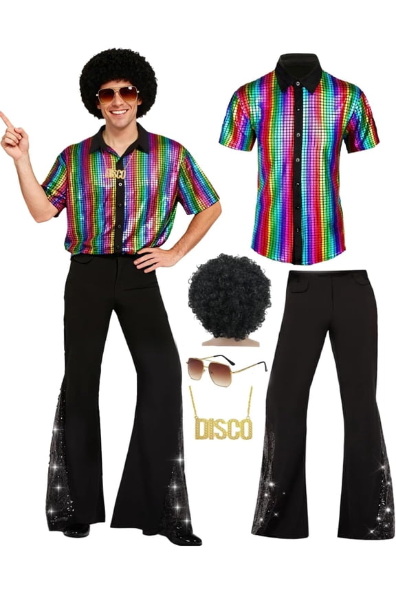 5PCS Mens 70's Disco Outfit Retro 70s Mens Costume for Adults 70s Outfits for Men Disco Outfit Men Perfect 70's Theme Clothes for Parties - Shirt, Pants, Wig, Sunglasses, Necklace