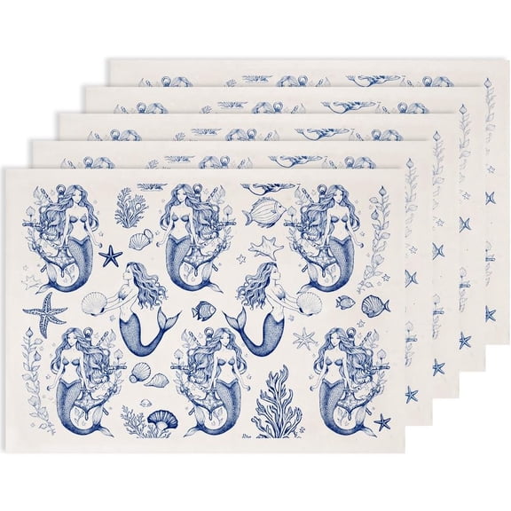 5PCS Mermaids Underglaze Transfers for Pottery Mermaids Transfer Stickers Ceramic Decals Blue Waterslide Underglaze Transfers Paper for Porcelain Overglaze Enamel Clay Decal 20.5x14.6in