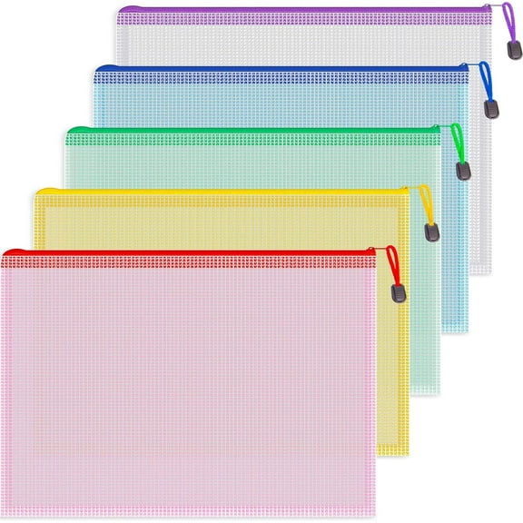 5PCS Mesh Zipper Pouches, Zipper File Bags Poly Zip Envelopes Waterproof Puzzle Bags for A4 Paper Travel Office School Cosmetics