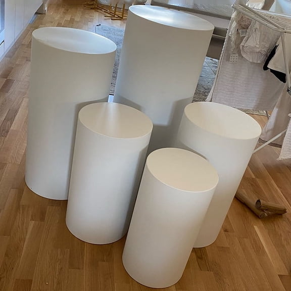 5PCS Metal Display Pedestal Stand Set, White Cylinder Pedestal Stands Wedding Decoration Stand for Flower Cake Balloons Display, Elegant White Display Stand