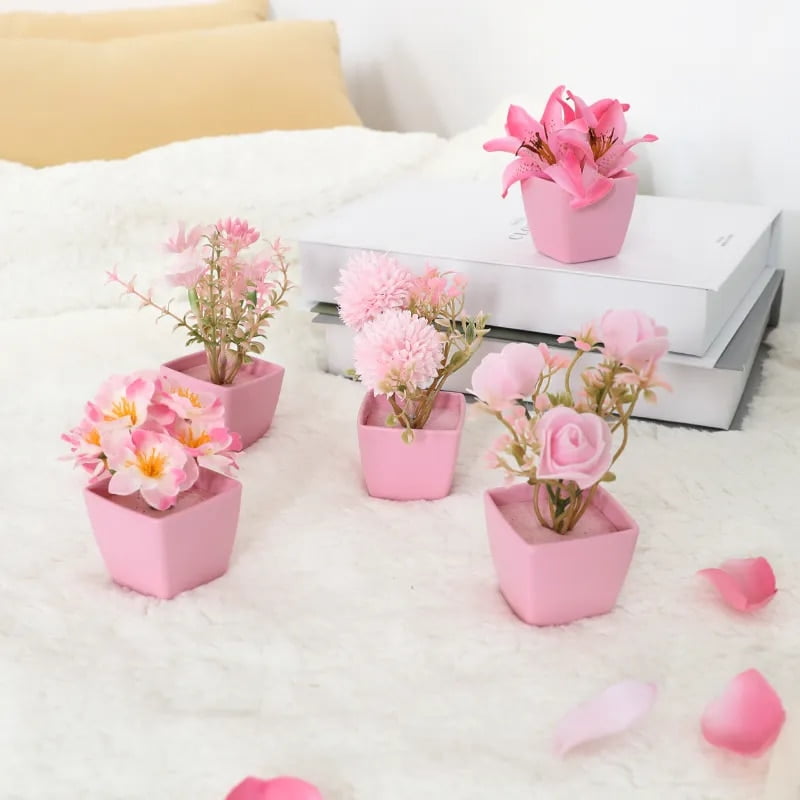 5PCS, Mini Pink Artificial Flower Potted Plant, Indoor Desktop Shelf