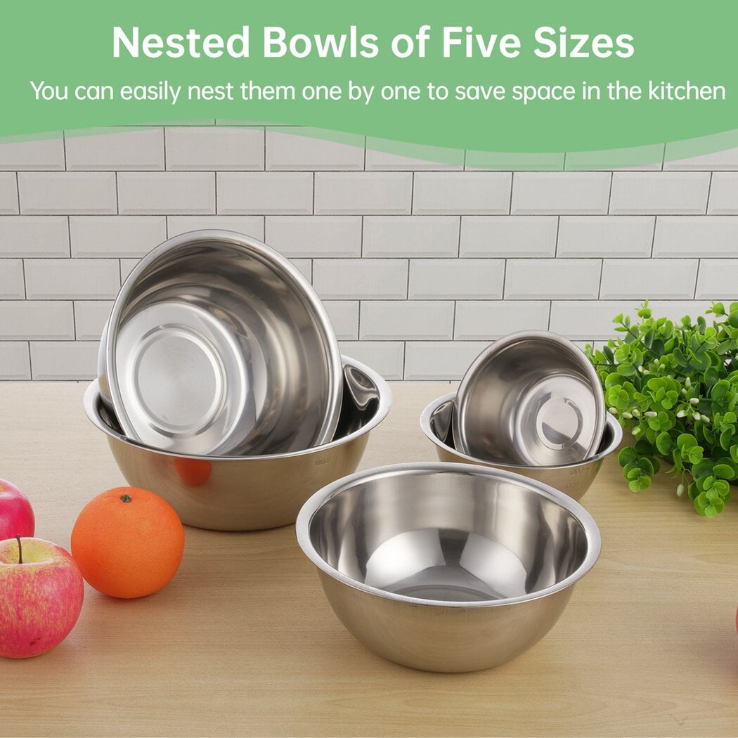 5PCS Mixing Bowls Set, Stainless Steel Nesting Mixing Bowls, 5 Sizes