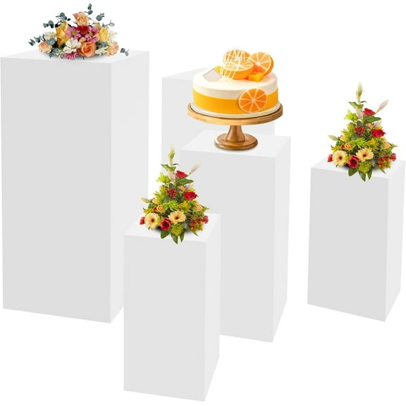 Square Pedestal Stands,White Display Stands Pillars,5 Pieces Party Square Table Display Column Decoration,Acrylic Display Pedestals for Wedding