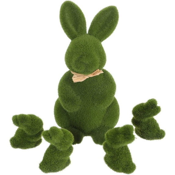 5PCS Moss Bunny Decor Easter Artificial Turf Grass Rabbit Figurine Flocked Animal Bunny Statue Easter Party Favor for Home Garden Yard Decorations