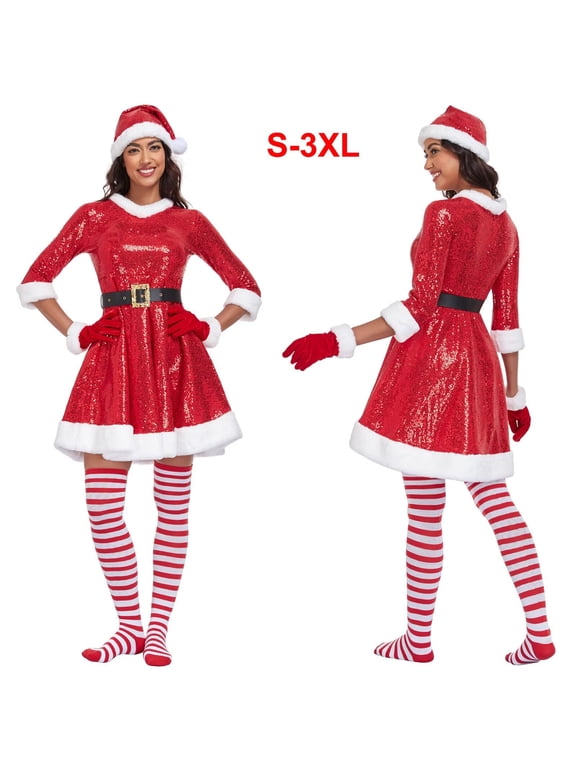 5PCS Mrs Claus Costume for Women Adult Miss Clause Santa Dress Plus Size Christmas Outfit Hat Gloves Belt Stockings -XL
