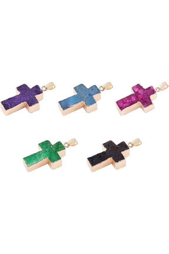 5PCS Natural Agate Pendants Rock Charms with Brass Findings Gemstone Pendants for Necklace Bracelet Jewelry Craft Making-Cross