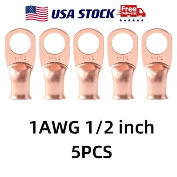 5PCS Non-Insulated Connectors 1 AWG Gauge Cable Lugs 1/2 inch Ring Terminals