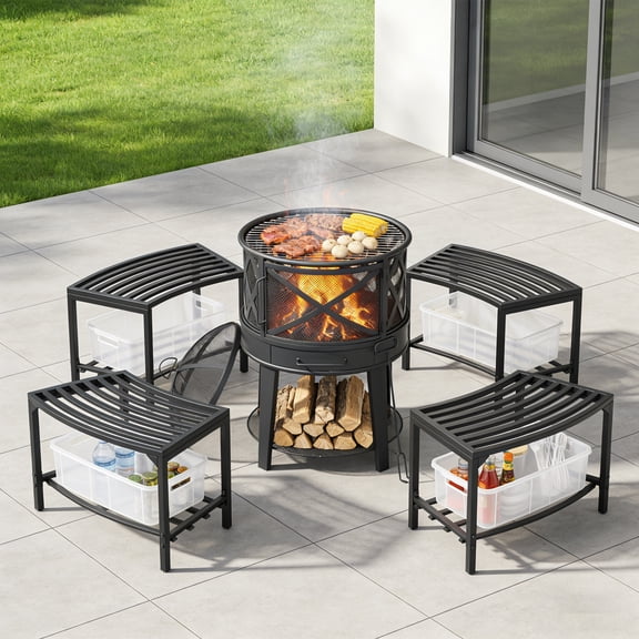 5PCS Outdoor Patio Furniture Set with Fire Pit Grill & 4 Heavy-Duty Metal Curved Storage Stools