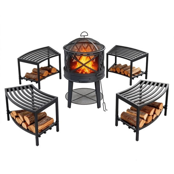 5PCS Outdoor Patio Furniture Set with Fire Pit Grill & 4 Heavy-Duty Metal Curved Storage Stools