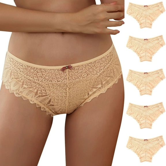 5PCS Panties For Women Crochet Lace Lace Up Panty Sexy Hollow Out Underwear(M, Khaki)