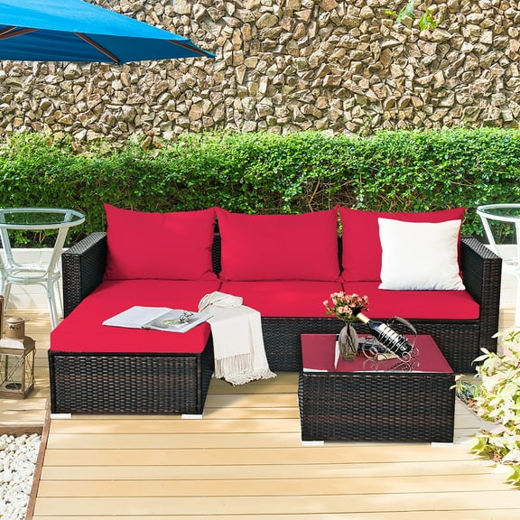 Costway 5PCS Patio Rattan Furniture Set Sectional Conversation Sofa w/ Coffee Table Red